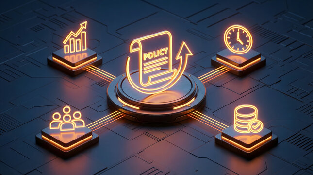 Glowing orange neon lights illuminate a central policy document connected to icons for growth time people and money in a modern digital business strat