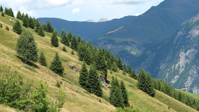 Steile Bergen in den Valser Alpen oberhalb vom Bergdorf Vals im Sommer