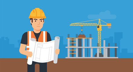 Construction worker holding blueprints at building site with crane.