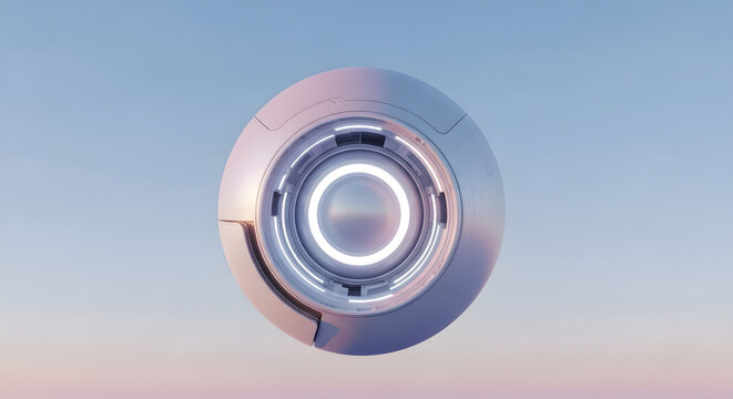 Futuristic Circular Technology Interface with Glowing Ring. A minimal futuristic circular device featuring a glowing ring at the center, floating against a soft gradient sky background.