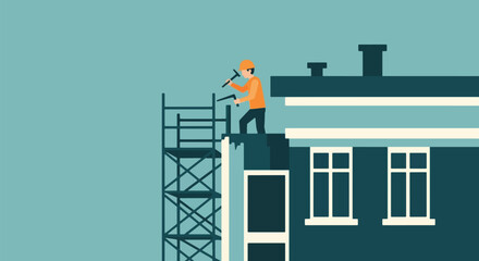 Construction Worker Repairing Building Roof with Scaffolding.