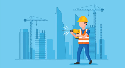 Construction Worker Drills Building Site with Cranes and Skyscrapers.