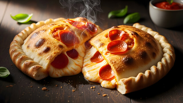 Delicious calzone pizza cut in half with melted pepperoni and cheese served on a wooden table with fresh basil leaves and marinara sauce