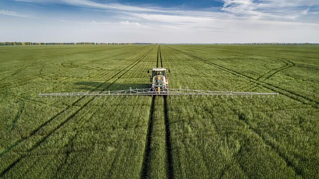 Precision Agriculture Tractor Spraying Crops Across Vast Green Farmland