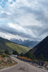Obraz premium Mountain road winding through green valley with forested slopes under dramatic clouds sky, rural fence and distant peaks, scenic nature landscape view