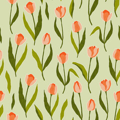 Obraz premium Seamless tulip pattern with hand drawn flowers on green background. Ideal for textiles, wallpapers, wrapping paper, and spring surface design.