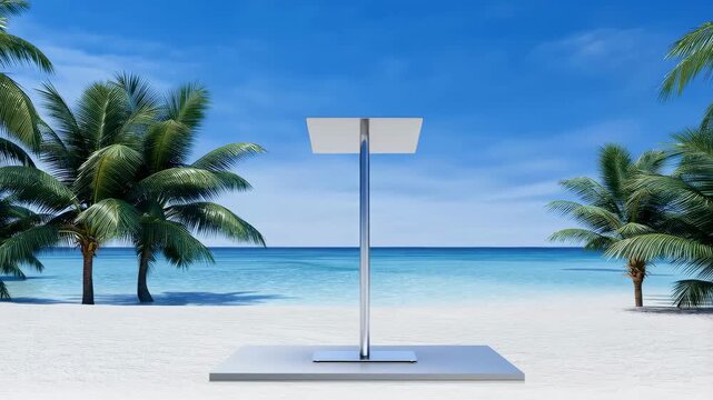 Modern beachside podium with palm trees and ocean backdrop. Ideal for outdoor events, presentations, and tropical gatherings