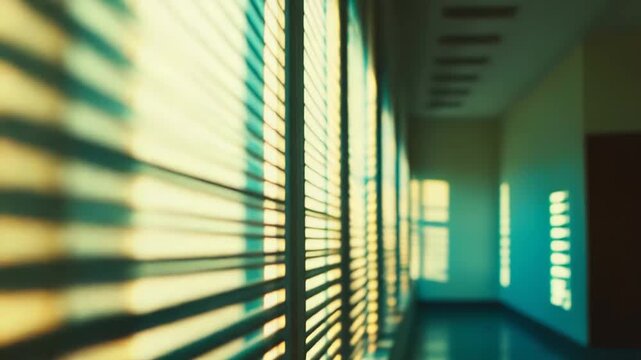 Sunlight streams through horizontal window blinds, creating dramatic parallel patterns of warm golden light and cool teal shadows along an interior hall, emphasizing depth and perspective