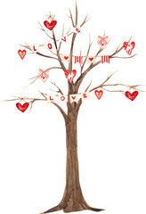 Naklejka premium Tree decorated with hearts, garland for Valentines Day. Hand drawn illustration