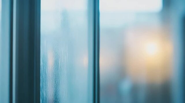 Condensation beads and streaks on a steamy window glass, soft focus droplets and blurred background warmed by gentle light, evoking cold weather and indoor moisture