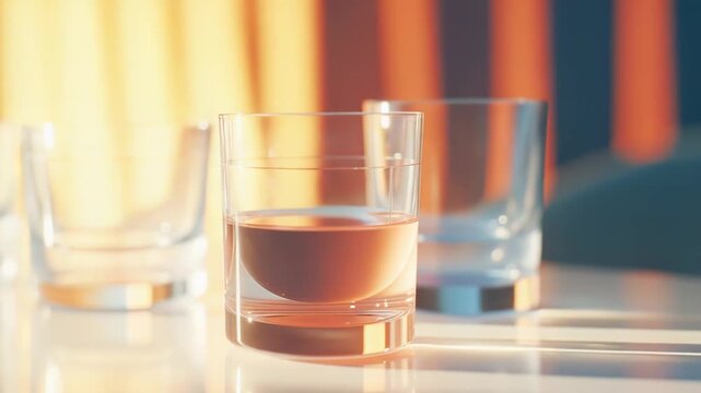 Clear glass of water on a reflective surface catching warm morning sunlight, creating a bright, minimal still life that conveys freshness, purity and everyday hydration