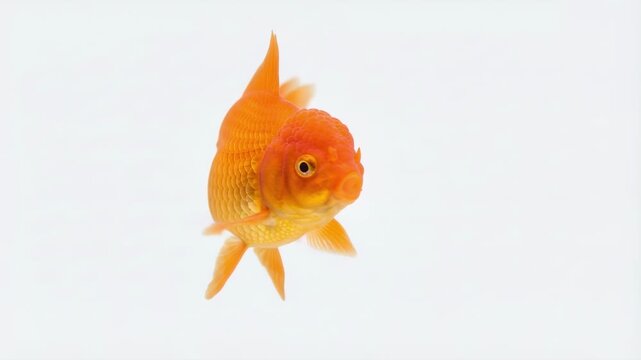 Orange Oranda goldfish swimming against a white background. Fancy goldfish with red cap and flowing fins moving in studio shot. Aquatic pet animal isolated on white backdrop