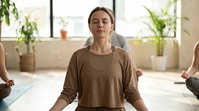 A serene young woman is centered in a meditative pose, eyes gently closed, as she finds inner calm during a group wellness session. She sits comfortably on a yoga mat within a spacious, sunlit studio 