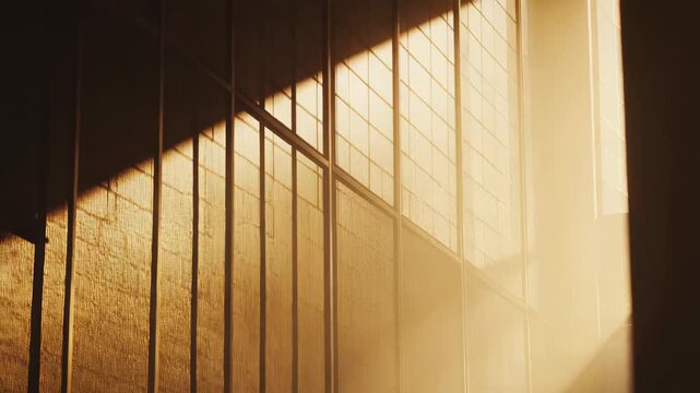Golden sunlight streams through a window, illuminating dust particles in air and casting dramatic, lengthy shadows on a textured indoor wall, creating a serene and warm atmosphere