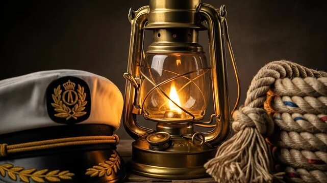 Nautical lantern glows amidst captain's hat and coiled rope display