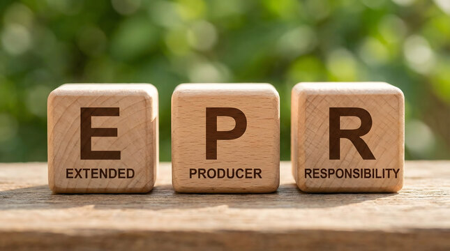 Wooden blocks spelling EPR Extended Producer Responsibility on a natural wood surface with a blurred green foliage background in bright sunlight