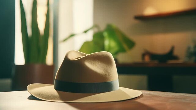 Felt fedora with ribbon band rests on polished wood table, bathed in warm natural light, evoking cozy vintage style, travel and quiet study moments
