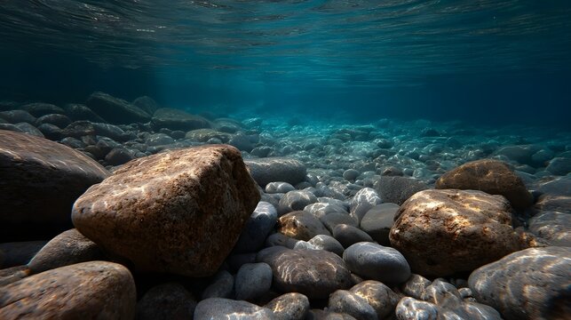 Underwater view of a clear blue riverbed filled with smooth light d d stones and pebbles