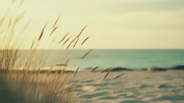 Beach grass is growing on a coastal sand dune, with the peaceful ocean and a soft sky creating a serene summer landscape, offering a sense of calm and natural beauty