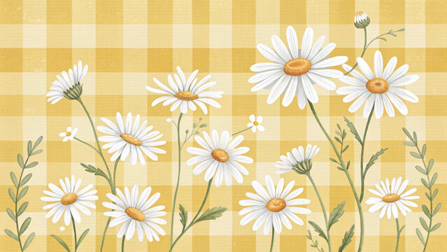 soft pastel green gingham check pattern background with white and yellow daisy flowers scattered across vector background 