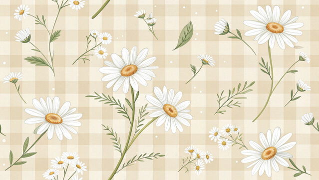 soft pastel green gingham check pattern background with white and yellow daisy flowers scattered across vector background 