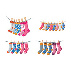 Cute colorful socks on rope drying line vector illustration isolated on white background
