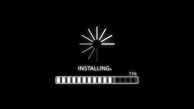 Installing Progress Bar Warning Message System installing Alert on Screen. white glowing progress bar shows from o to 100% percent of ransomware active on a background.