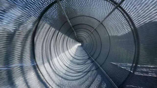 Abstract view of a circular metal structure with a spiraling pattern. Represents modern architecture and design innovation