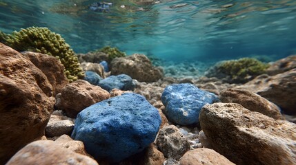Obraz premium Underwater scene with vibrant blue rocks and coral formations under clear turquoise water