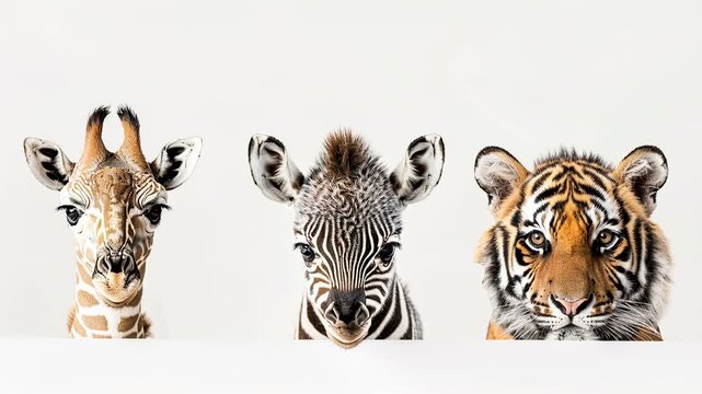 Adorable baby giraffe, zebra, and tiger cub portraits looking at the camera with curiosity and innocence, isolated on a clean white background, showcasing wildlife friendship and cuteness