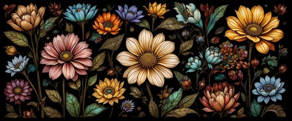 Fototapeta premium A vibrant illustration showcasing an array of intricately designed flowers in various colors against a dark background.