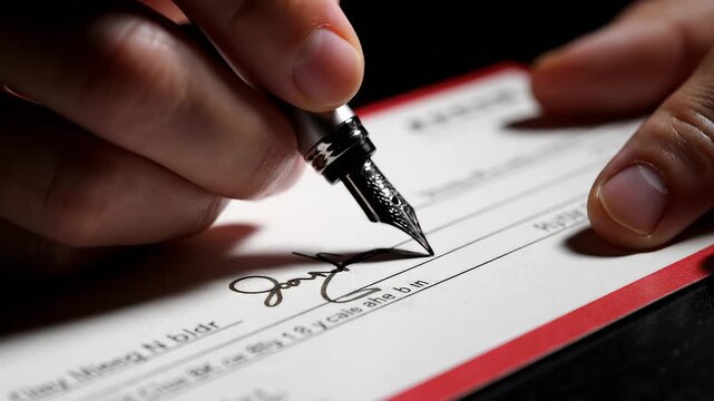 Hand signing a check with fountain pen