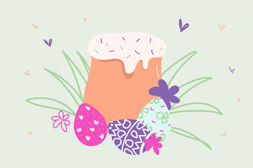 Cute Easter Kulich Cake with Icing Sprinkles, Pastel Eggs, Flowers, Butterfly &ndash; Traditional Spring Holiday Dessert Vector Illustration