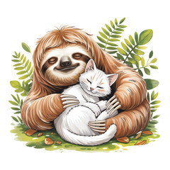 Fototapeta premium A sloth lovingly hugs a white cat amidst lush green foliage