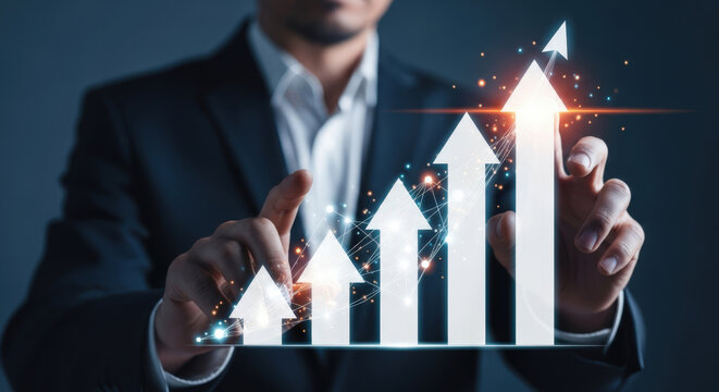 Business Growth and Success A Person Interacting with a Rising Graph Display, Symbolizing Progress, Achievement, and Positive Trends in a Corporate Environment
