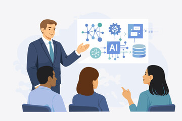 Businessman presenting artificial intelligence workflow to team during business meeting