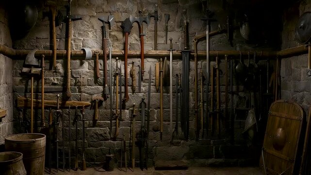 Medieval armory stone wall ancient weapons rack swords axes spears shields wooden barrels dungeon castle arsenal historical military equipment display