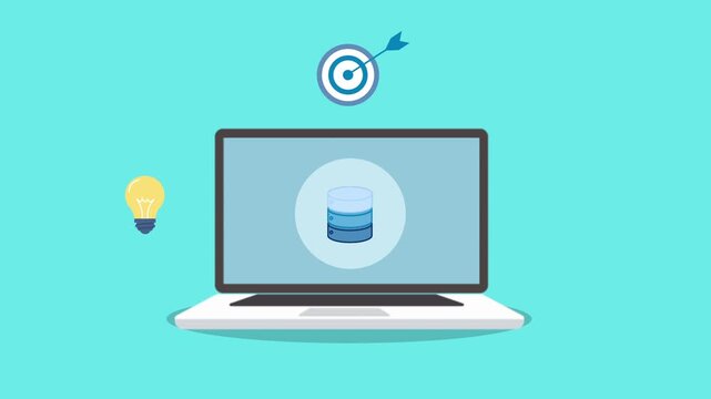 Flat illustration of a laptop with database icon, target symbol, and lightbulb, representing artificial intelligence, database management, data storage technology, and digital business optimization.
