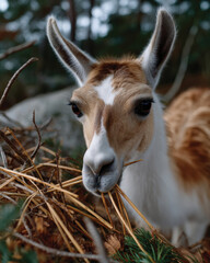 Obraz premium A stunning image showcasing a llama happily nibbling on natural foliage, offering a glimpse into its environment, emphasizing the beauty and connection to nature in wildlife.
