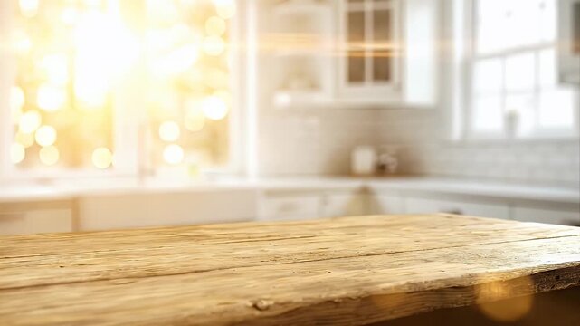 This inviting scene showcases a rustic, textured wooden table in the foreground, offering excellent copy space. The distressed tabletop's natural grain and character are sharply focused, creating an a
