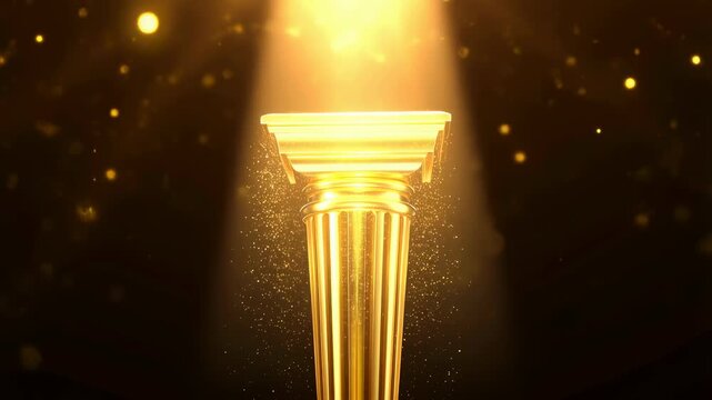 Golden column illuminated by soft light, surrounded by sparkling particles. Symbolizes achievement, elegance, and classical architecture