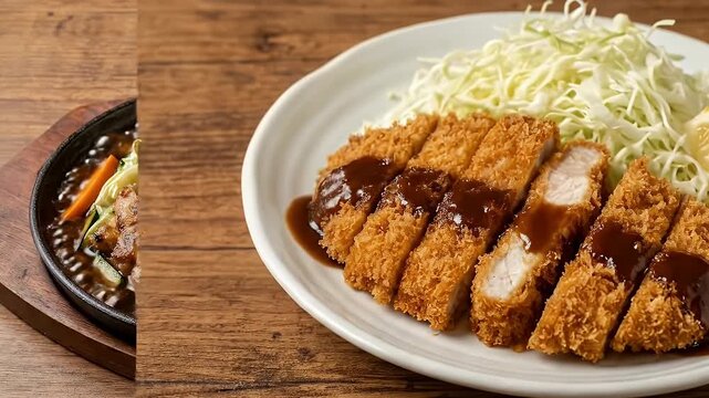 This vibrant video showcases two distinct, appetizing dishes presented beautifully on a rustic wooden table. On the left, a sizzling cast iron plate features tender grilled meat and crisp fresh vegeta