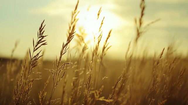 Golden grass stalks fill a sunlit field at golden hour, warm backlight and gentle lens flare creating a peaceful, summery meadow scene with soft bokeh background