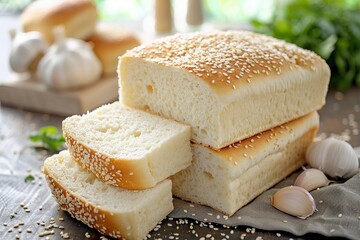 Artisan whole grain bread slices with garlic cloves and sesame seeds on a rustic kitchen table