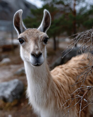 Obraz premium A close-up portrait of a curious llama surrounded by natural elements, emphasizing its expressive eyes and unique features against a scenic backdrop of the outdoors.