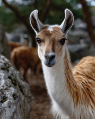 Obraz premium A curious llama gazes into the distance amidst a beautiful natural setting, highlighting its features and the peaceful interaction with the environment.