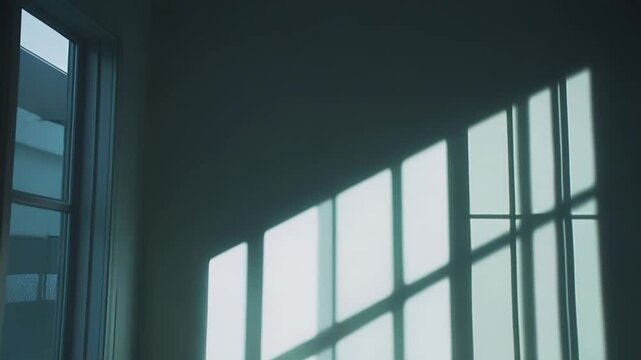 Empty room interior featuring a large window allowing natural light to enter, creating striking geometric shadow patterns on the wall and wooden floor, complemented by a small potted plant