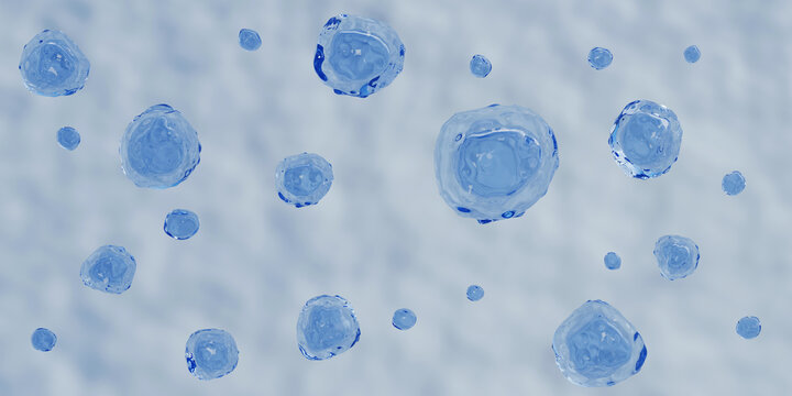 Living cells illustration. Cells membrane with nucleus are floating. Medical and science concept background. B-cell concept. 3D render