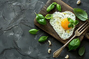 Heart-Shaped Egg Dish with Fresh Basil Leaves on a Rustic Wooden Board Ideal for Breakfasts