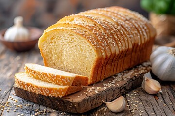 Artisan whole grain bread slices with garlic cloves and sesame seeds on a rustic kitchen table